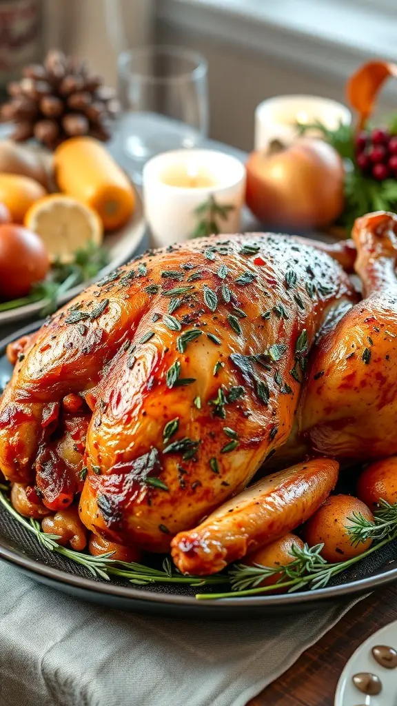 Herb-infused smoked turkey breast garnished with herbs and served with vegetables.