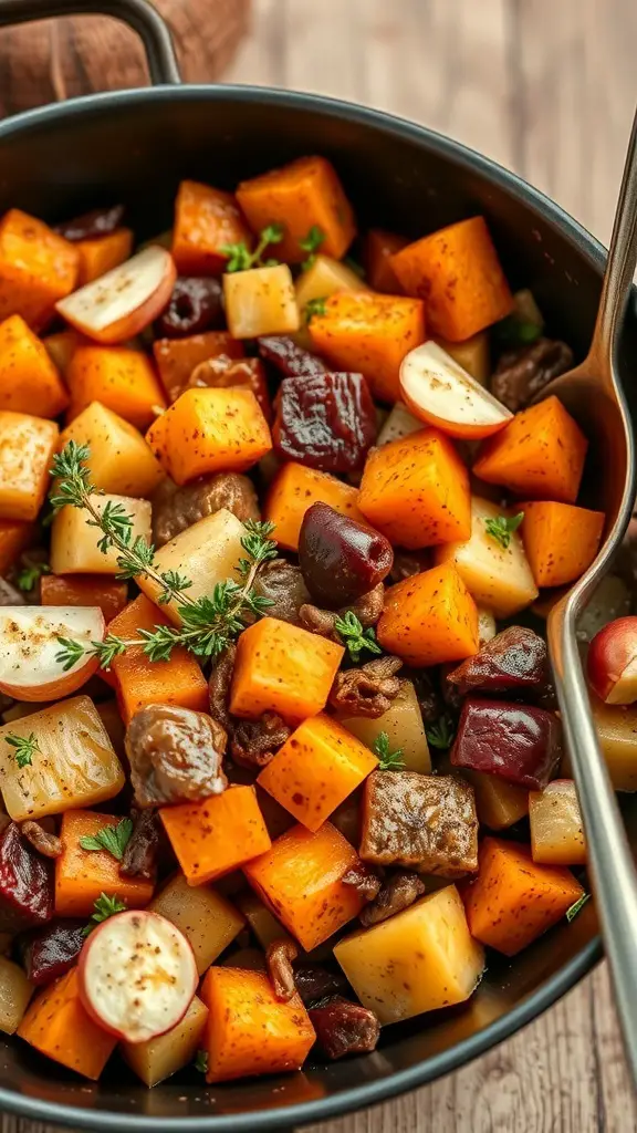 A skillet filled with sweet potato and apple hash, showcasing vibrant orange sweet potatoes and green herbs.