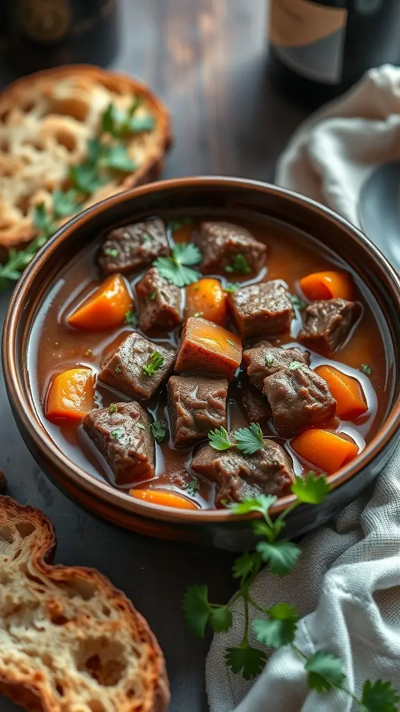 A bowl of beef stew with wine and herbs, featuring chunks of beef, carrots, and fresh parsley, alongside slices of bread.