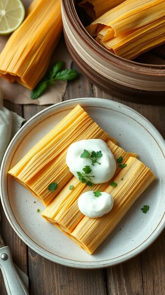 Plate of sweet corn tamales topped with cream and cilantro