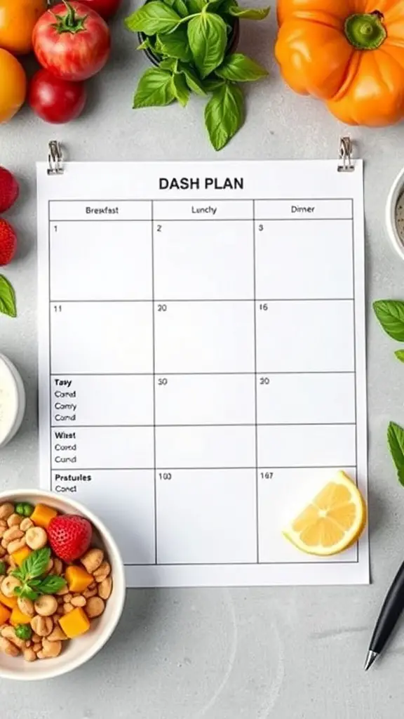 A DASH meal plan template with fresh vegetables and a bowl of mixed fruits and nuts.