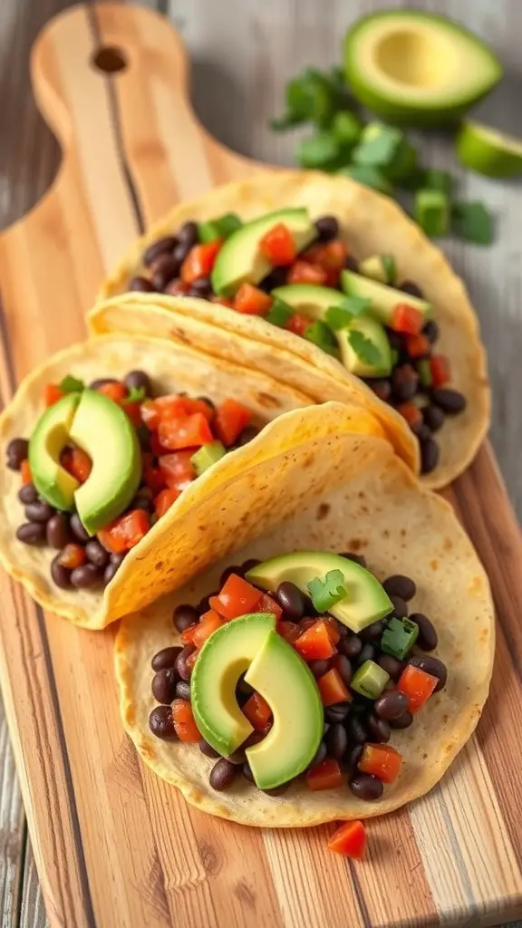 Three spicy black bean tacos filled with black beans, tomatoes, and avocado on a wooden board.