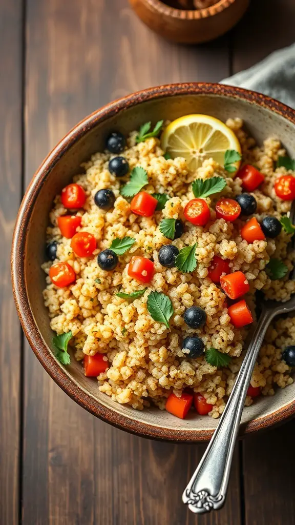 A bowl of quinoa mixed with cherry tomatoes, bell peppers, blueberries, and a slice of lemon.