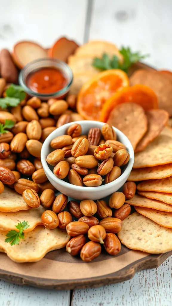 A close-up of a Mexican charcuterie board featuring sweet and spicy nuts, crackers, and orange slices.