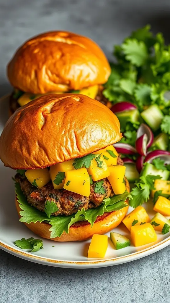 Two Caribbean jerk chicken burgers topped with mango and cilantro on a plate with fresh greens.