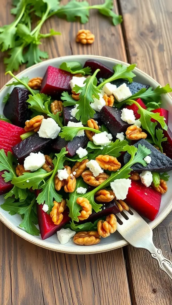 A vibrant roasted beet and walnut salad with greens and feta cheese on a plate.