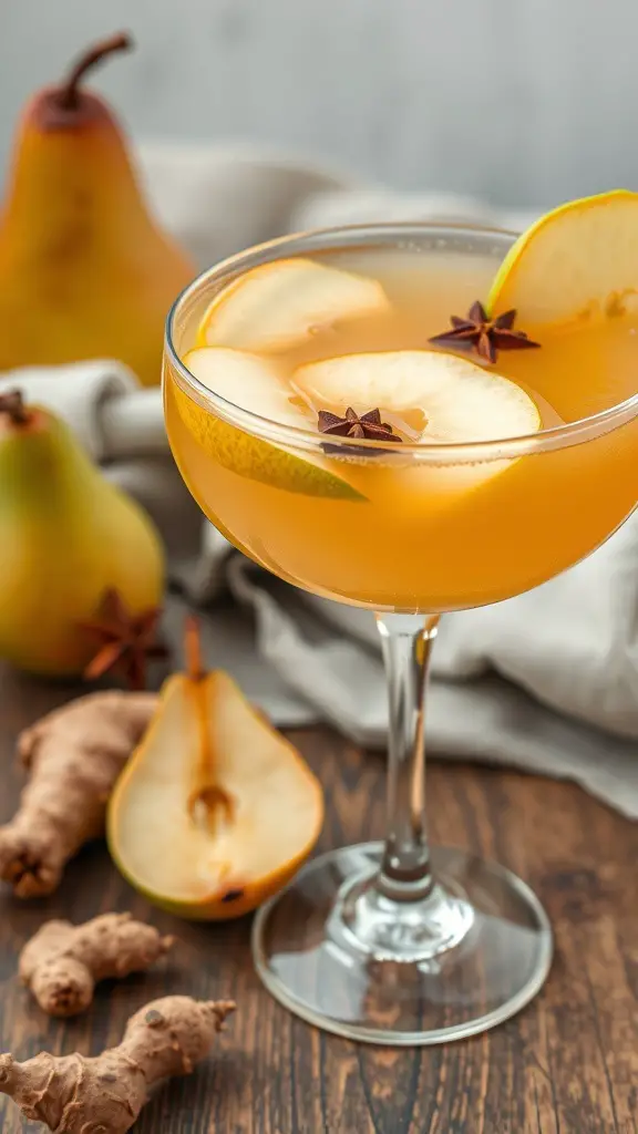 A glass of Spiced Pear and Ginger Fizz with pear slices and star anise, surrounded by fresh pears and ginger root.