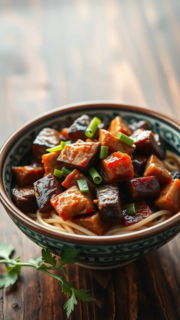A bowl of beef and eggplant stir-fry with green onions on top.