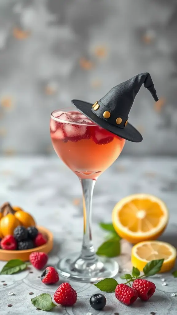 A glass of Bewitched Berry Lemonade with a witch hat, surrounded by fresh berries and lemon slices.