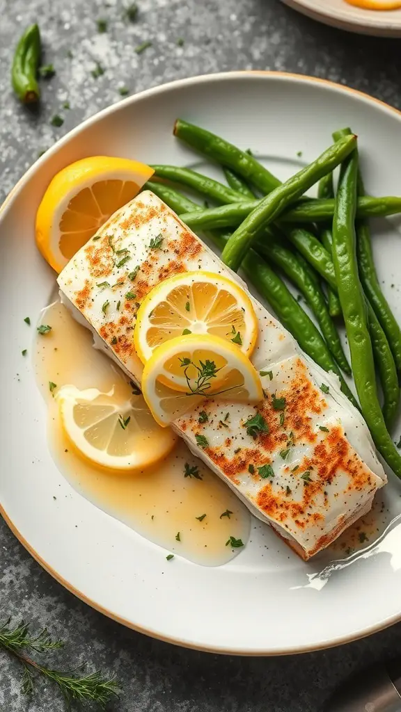 Baked cod with lemon slices and green beans on a plate