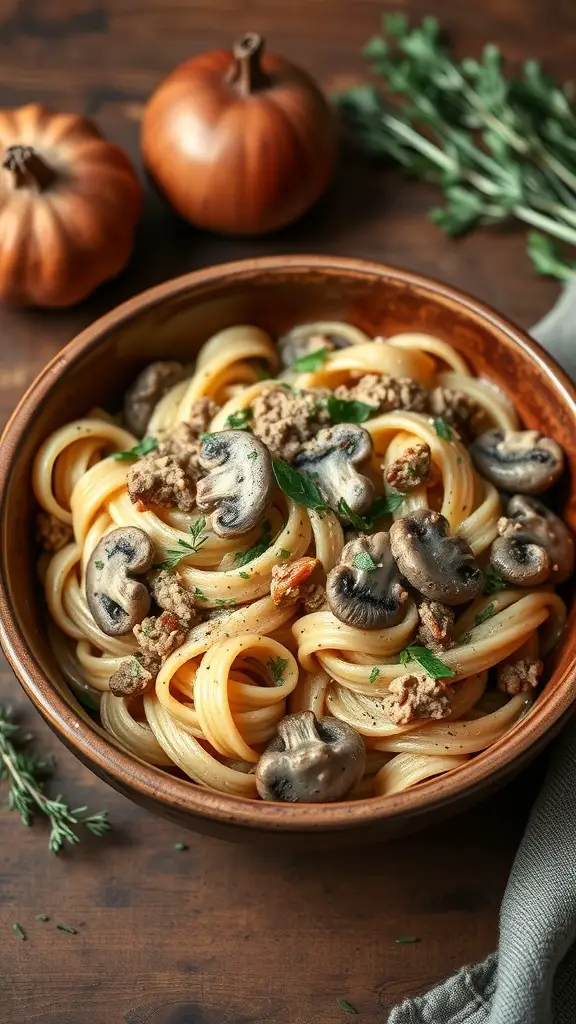 A bowl of creamy turkey and mushroom pasta garnished with herbs, surrounded by pumpkins and thyme.