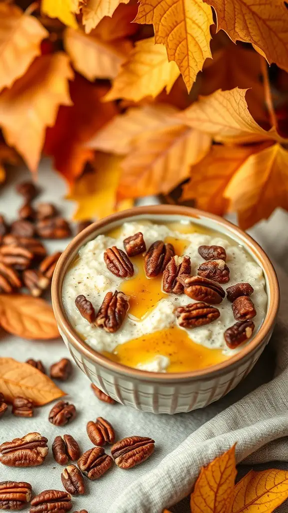 Bowl of Maple Pecan Crunch Overnight Oats with pecans and fall leaves