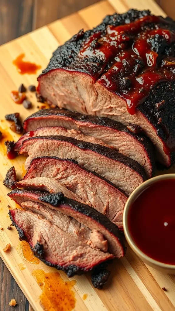 Sliced smoked brisket with BBQ sauce on a wooden cutting board.