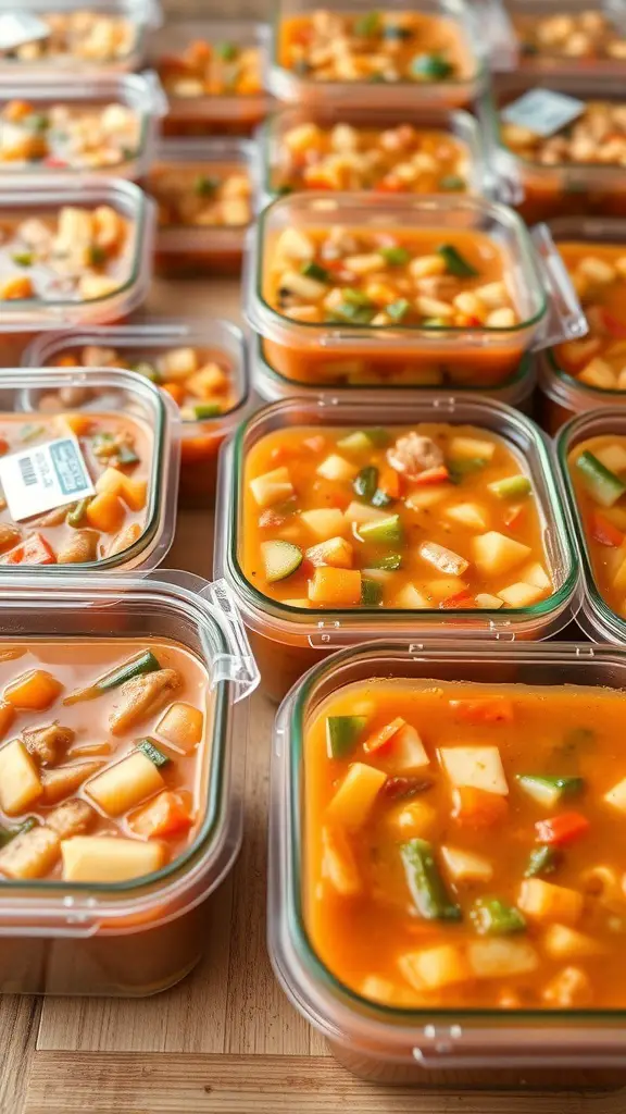 Containers of homemade vegetable soup ready for freezing
