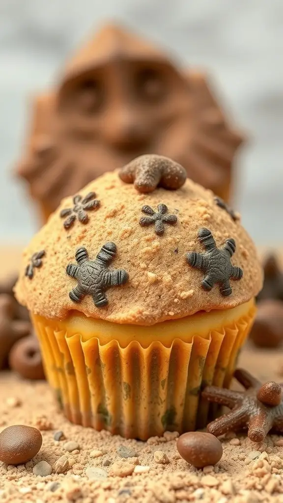 A cupcake designed to look like a fossil with chocolate decorations and sandy texture.