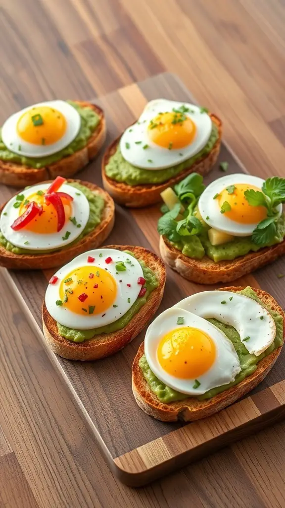 Egg and avocado toast bar with various toppings on a wooden board