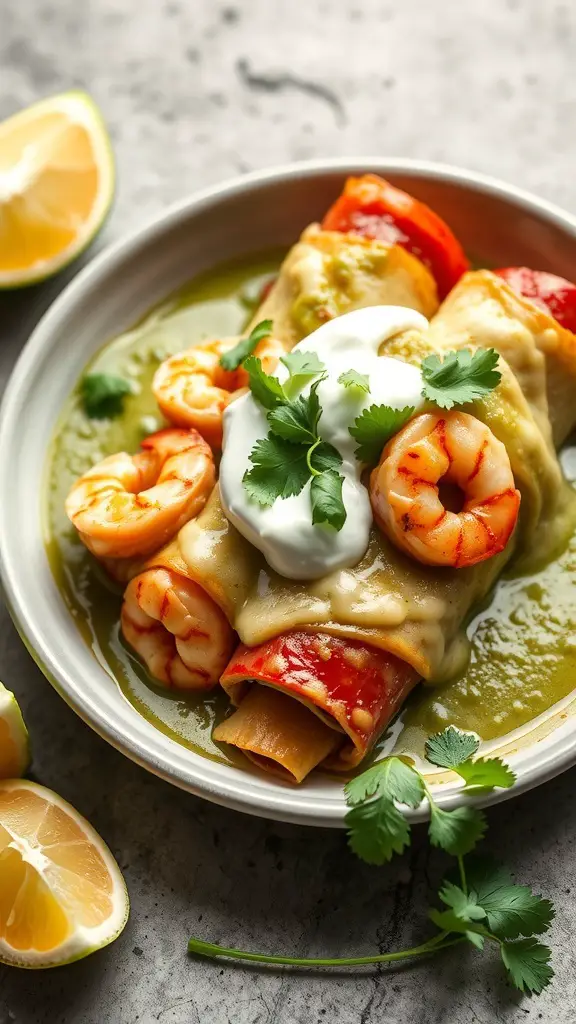 Shrimp enchiladas topped with green sauce, cheese, and garnished with cilantro, served with lemon slices.