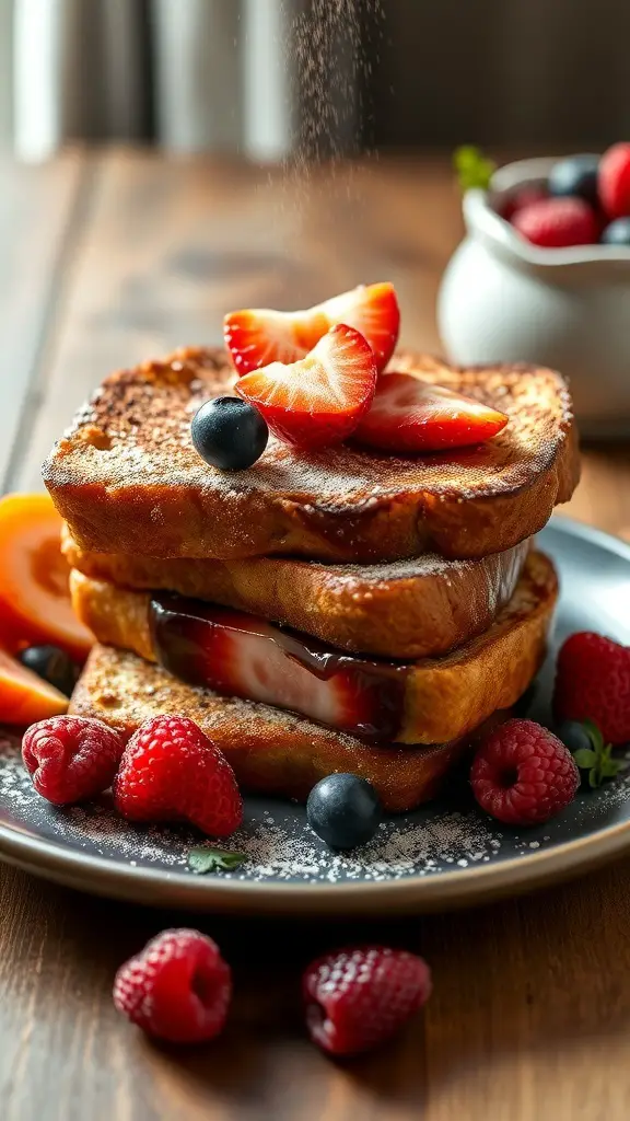 A stack of Mexican-Style French Toast topped with strawberries and blueberries, served with fresh berries on the side.