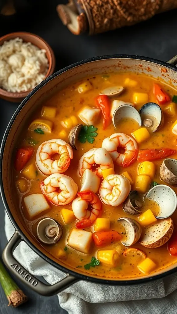 A bowl of Seafood Chowder with shrimp, clams, corn, and colorful vegetables.