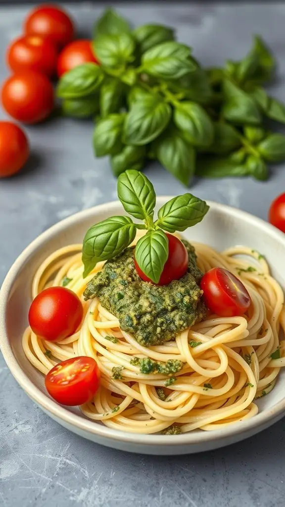 A bowl of zucchini noodles topped with pesto and cherry tomatoes, garnished with fresh basil.