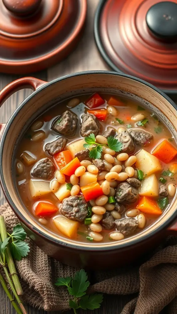 A pot of beef and barley soup with vegetables