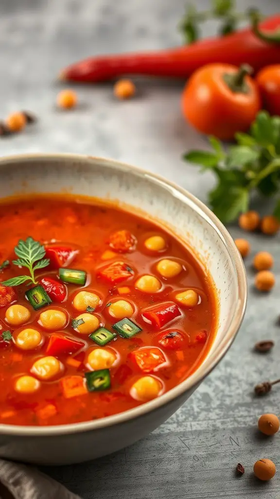 A bowl of Roasted Red Pepper and Chickpea Soup with vibrant colors and fresh ingredients.