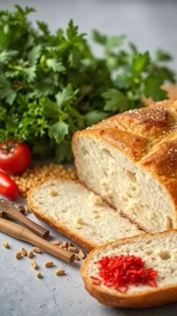 A freshly baked loaf of no knead bread with herbs and spices, surrounded by fresh ingredients.