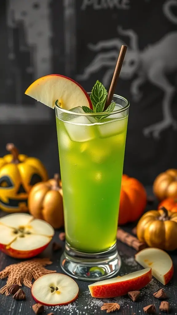 A vibrant green mocktail garnished with an apple slice and mint, surrounded by pumpkins and apple slices.