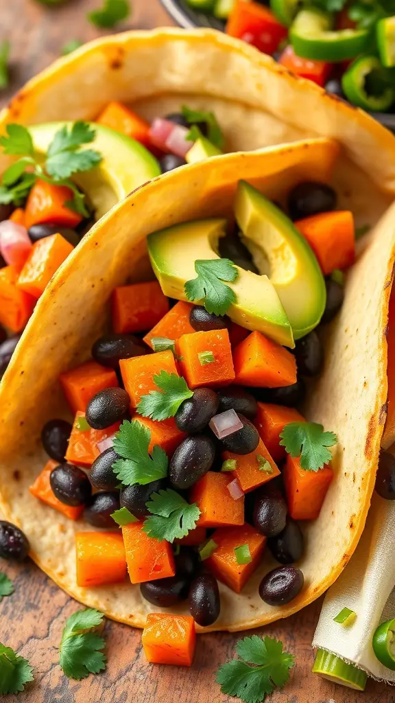 Sweet potato and black bean tacos with avocado and cilantro