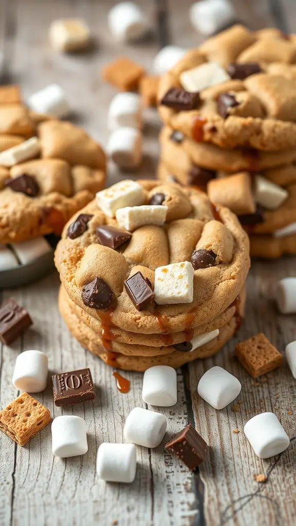 Delicious s'mores cookies with chocolate, marshmallows, and graham crackers.