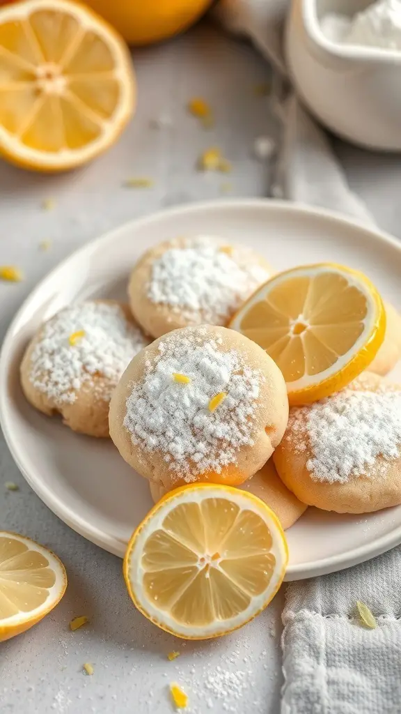A plate of lemon zest sugar cookies with powdered sugar and lemon halves