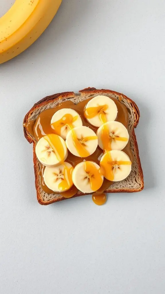 A slice of toast topped with peanut butter and banana slices, drizzled with honey.