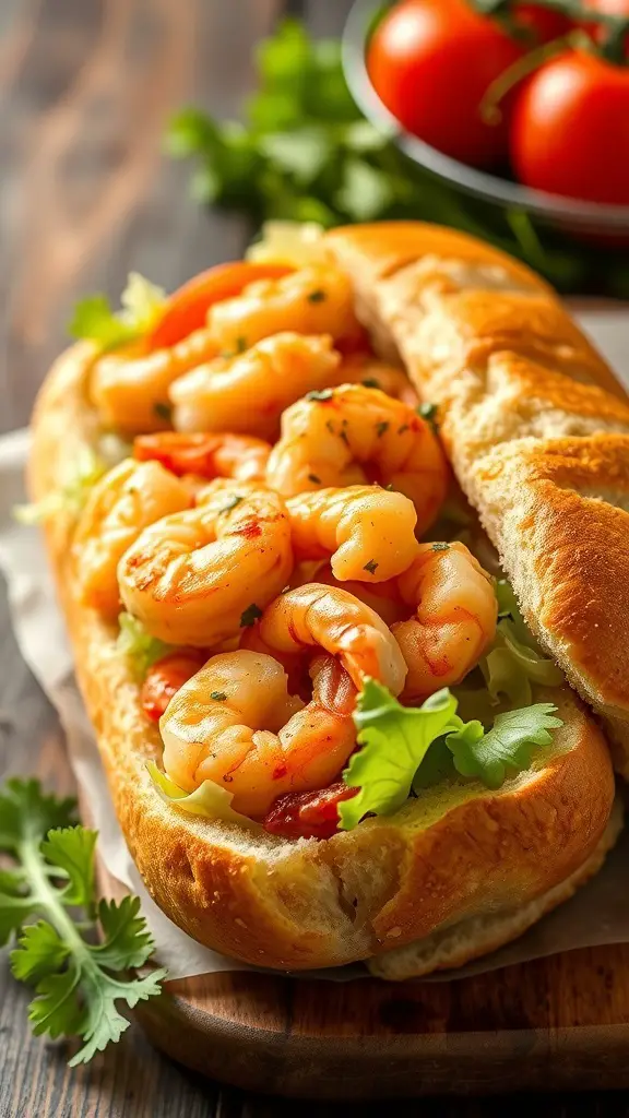 A delicious Shrimp Po' Boy Sandwich filled with shrimp, lettuce, and tomatoes on a wooden board.