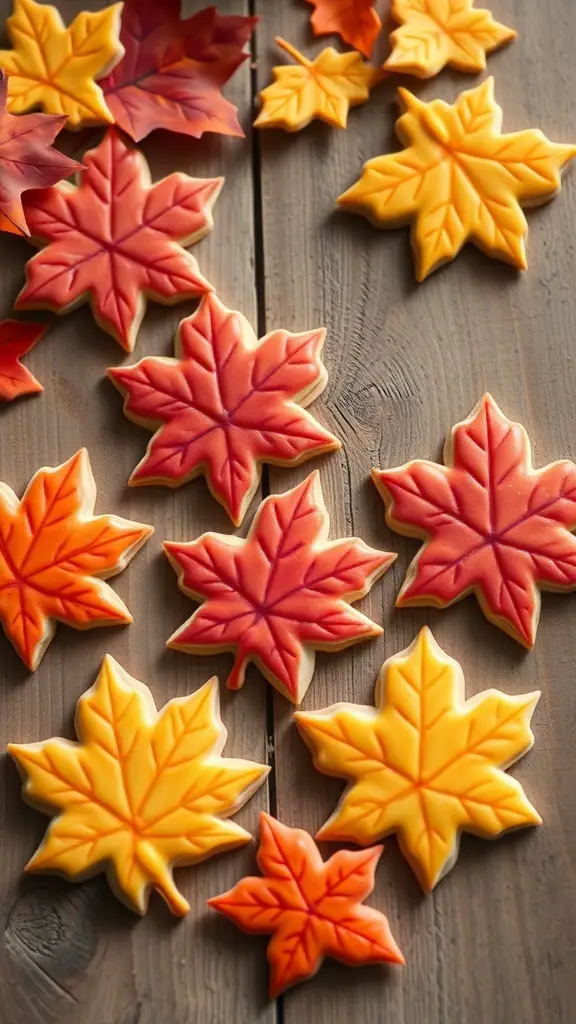Colorful autumn leaf-shaped sugar cookies in shades of orange, red, and yellow on a wooden surface.