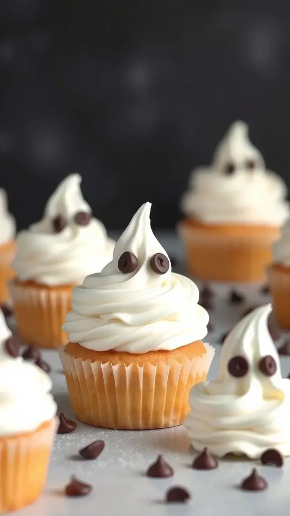 Cupcakes topped with ghostly meringue shapes and chocolate chip eyes