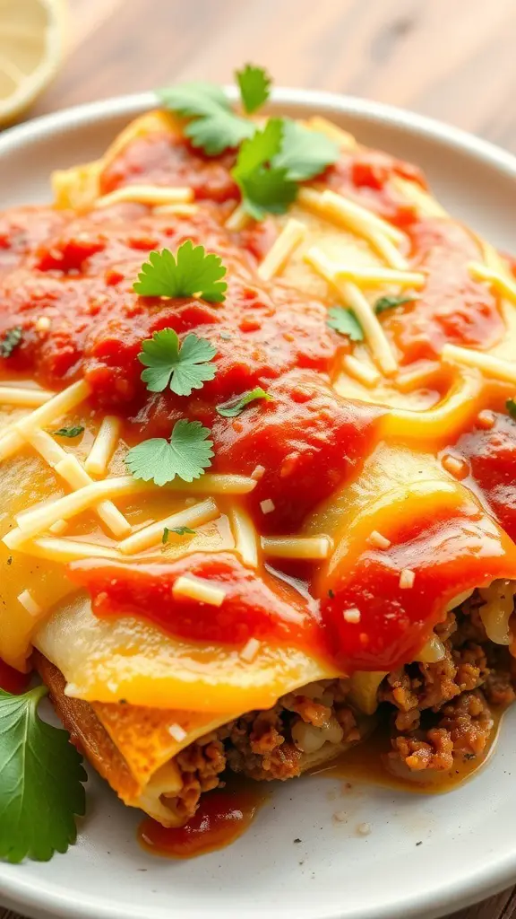 Plate of beef and potato enchiladas topped with red sauce and cheese