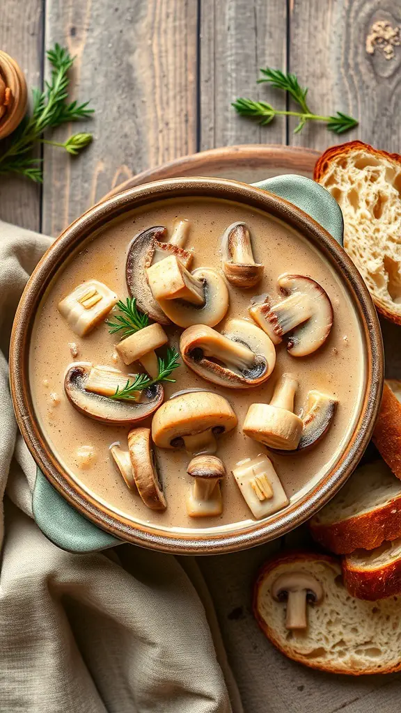 A bowl of creamy chicken and mushroom stew with slices of bread on the side.