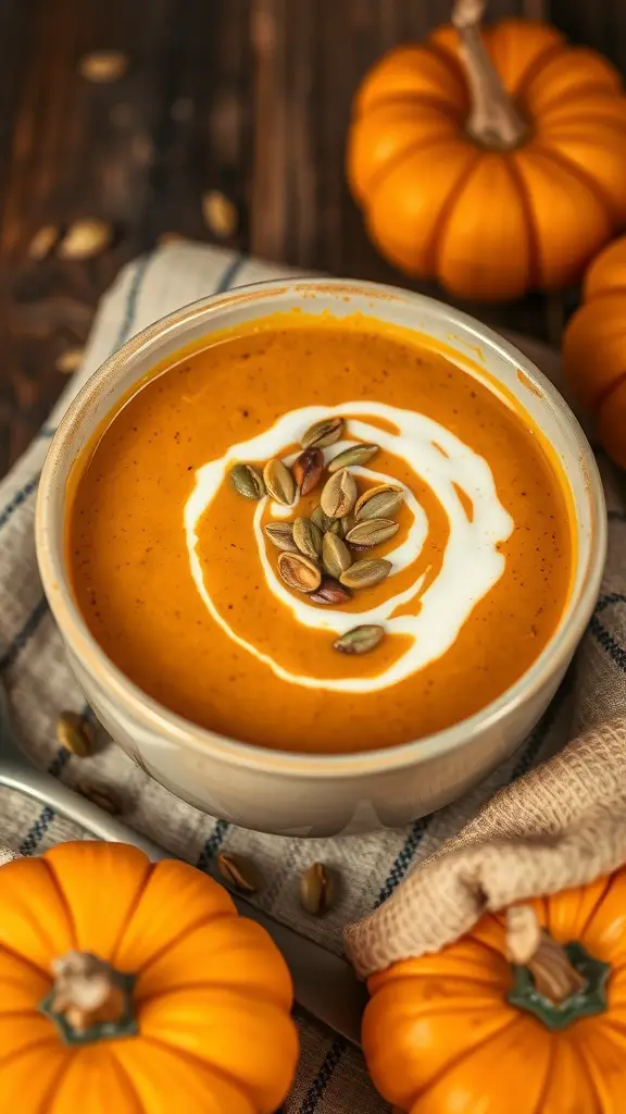 A bowl of curried pumpkin soup garnished with cream and pumpkin seeds, surrounded by small pumpkins.