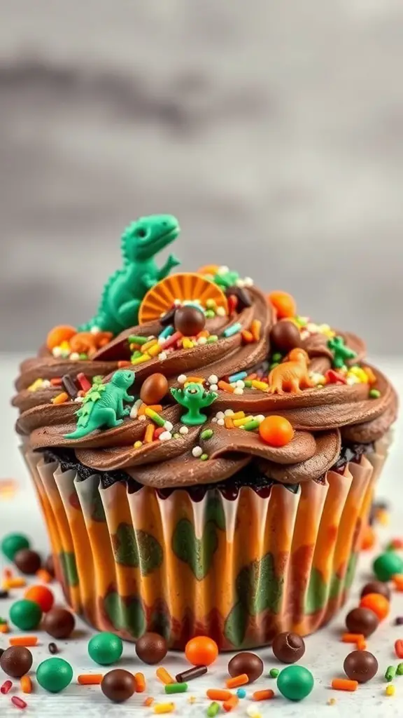 A colorful dinosaur-themed cupcake with chocolate frosting, sprinkles, and small dinosaur figures on top.