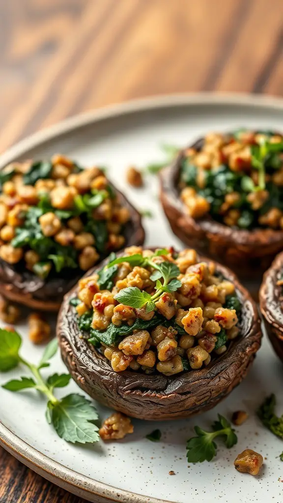 Stuffed portobello mushrooms filled with lentils and spinach on a plate