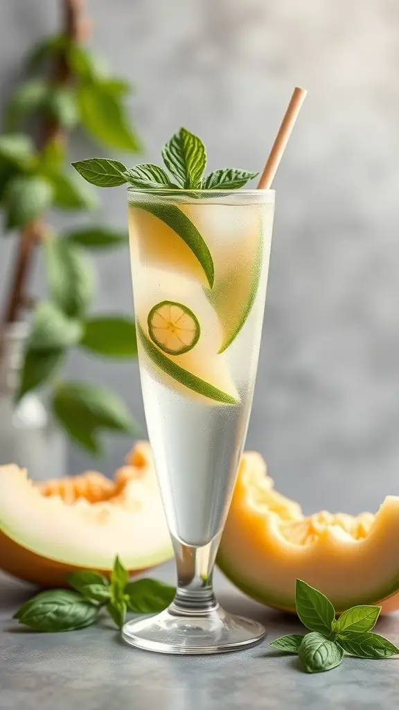 A refreshing Honeydew Basil Spritzer mocktail served in a tall glass, garnished with basil and lime, with honeydew melon slices in the background.