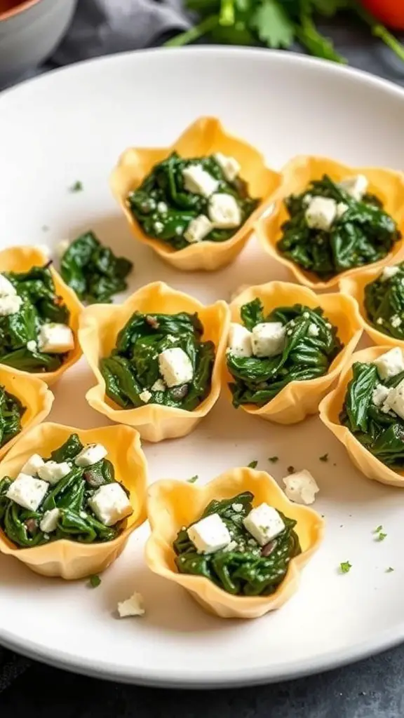 Savory spinach and feta phyllo cups on a white plate