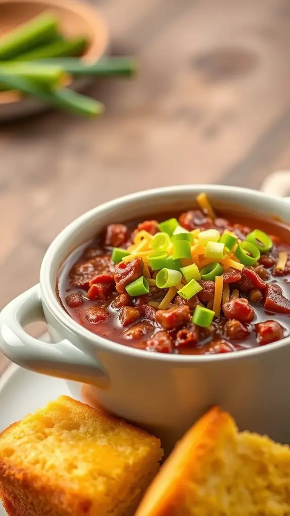A bowl of hearty beef chili with beans, topped with green onions and cheese, served with cornbread.