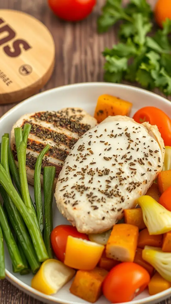 A plate of herbed chicken breast with steamed vegetables including green beans, cherry tomatoes, and squash.