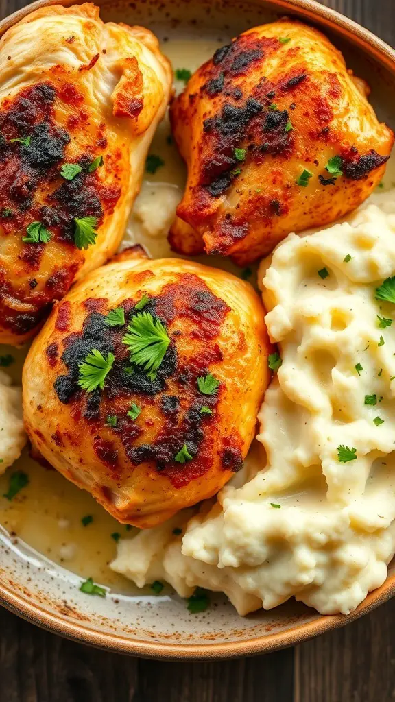 Crispy baked chicken thighs served with truffle mashed potatoes, garnished with fresh herbs.