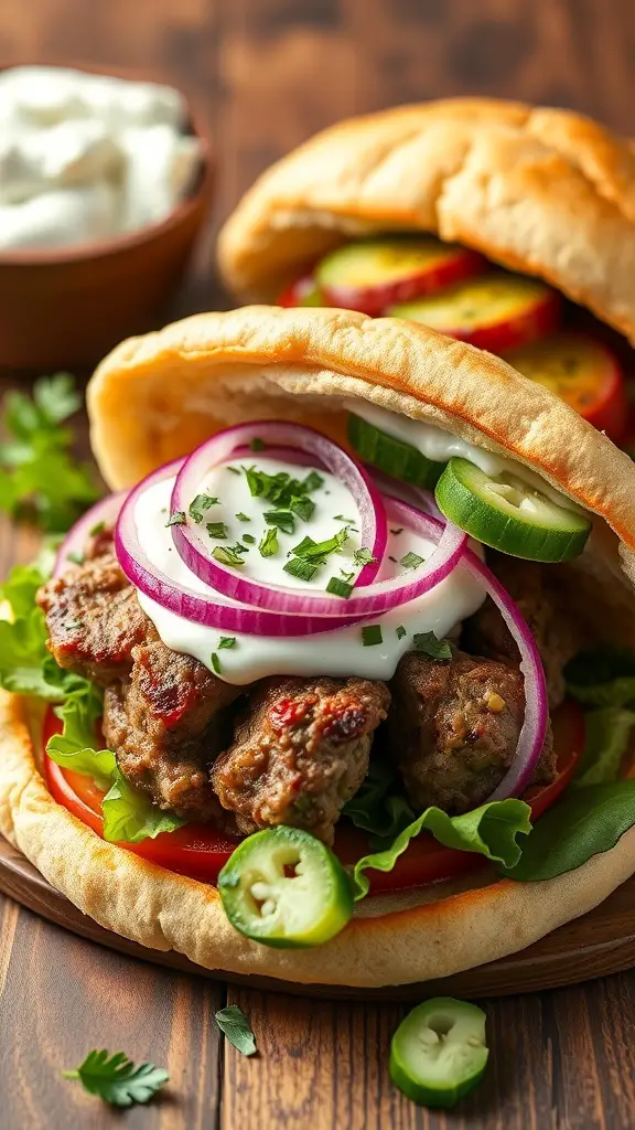 Mediterranean lamb burger in pita with tzatziki sauce and fresh vegetables
