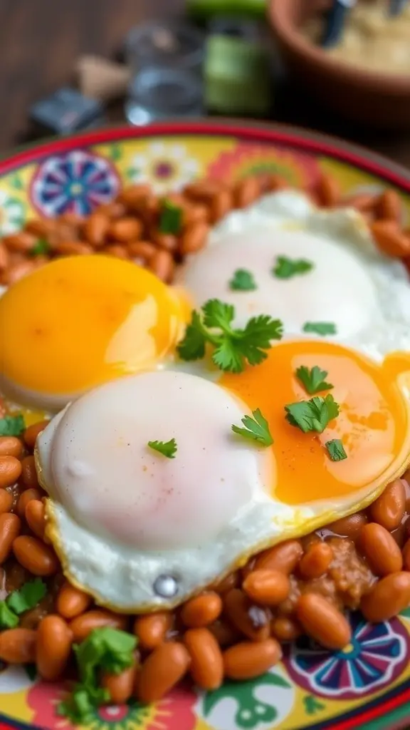 A colorful plate of Huevos Rancheros with sunny-side-up eggs, refried beans, and fresh cilantro.