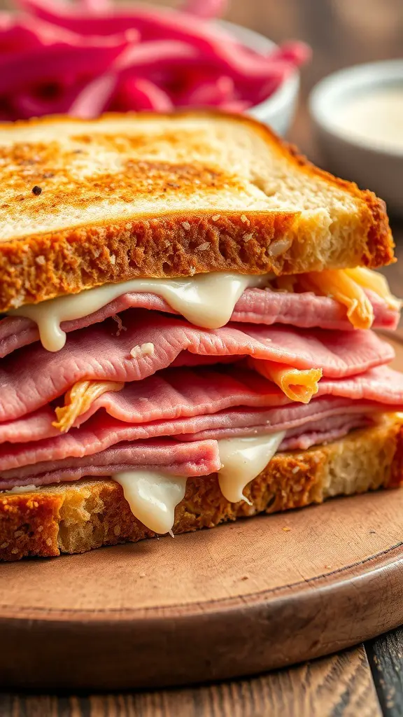 A close-up of a Vegan Reuben sandwich with layers of vegan deli slices and sauerkraut on toasted bread.