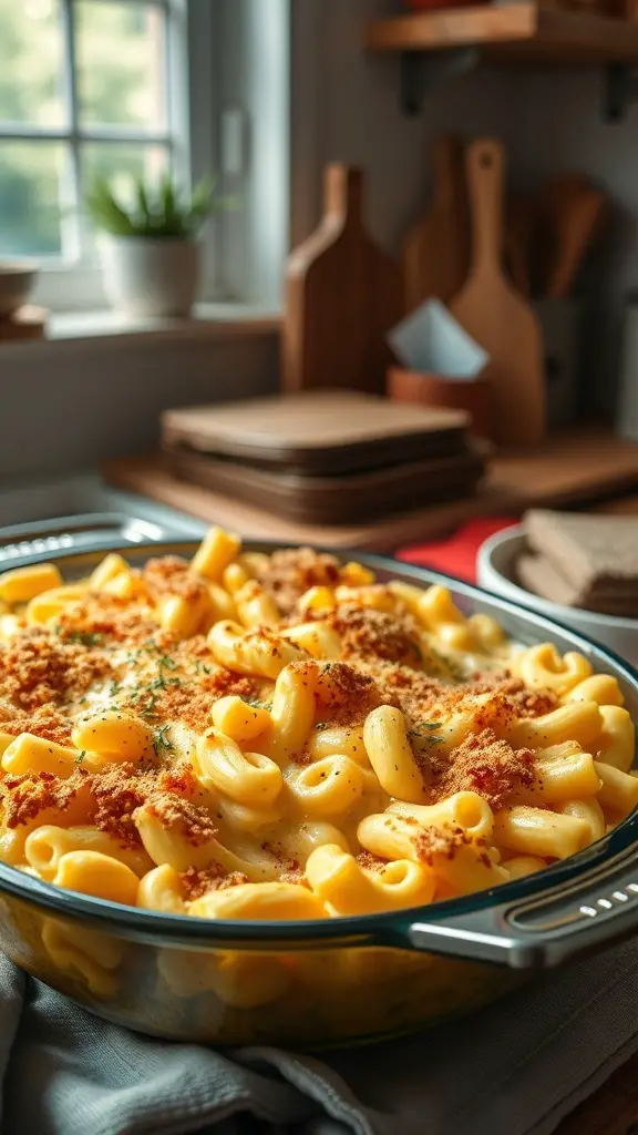 A vegan mac and cheese casserole with a golden breadcrumb topping, served in a glass baking dish.