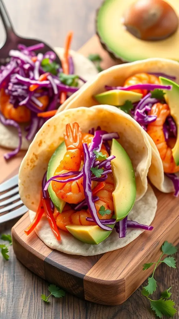 Spicy shrimp tacos with cabbage slaw on a wooden board